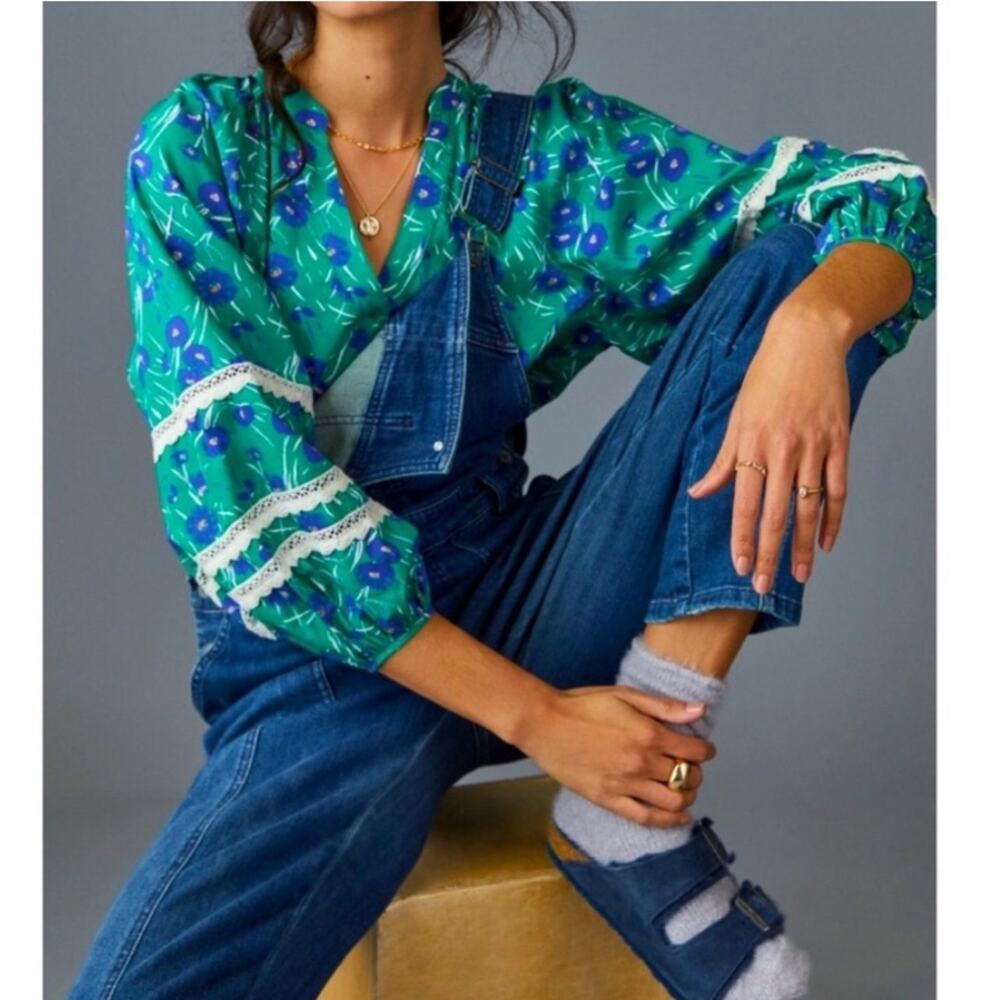 Porridge Anthropologie Green Floral Jovie Puffed Sleeve Peasant Blouse - Small - Picture 4 of 14